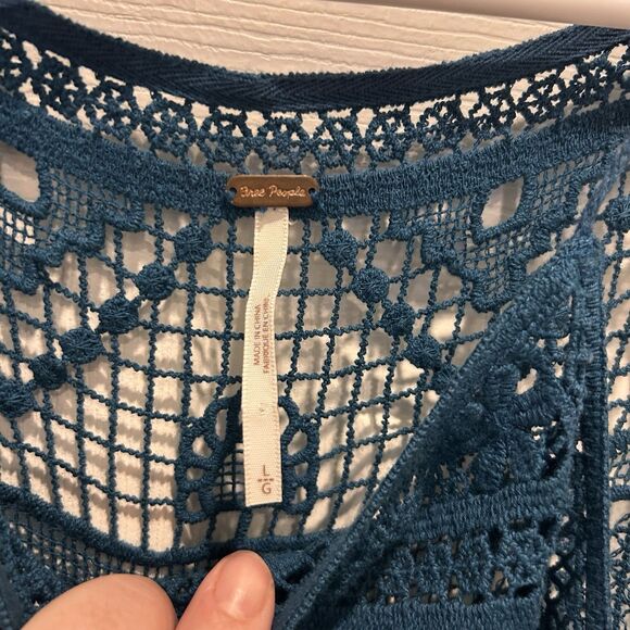 FREE PEOPLE Womens Lace Teal Blue Emily Mini Dress Large Beachy Boho Festival - Picture 8 of 11